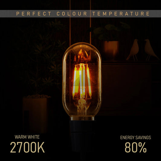 Lumière blanc chaud 2200K cosy, idéale salon, café ou déco industrielle.