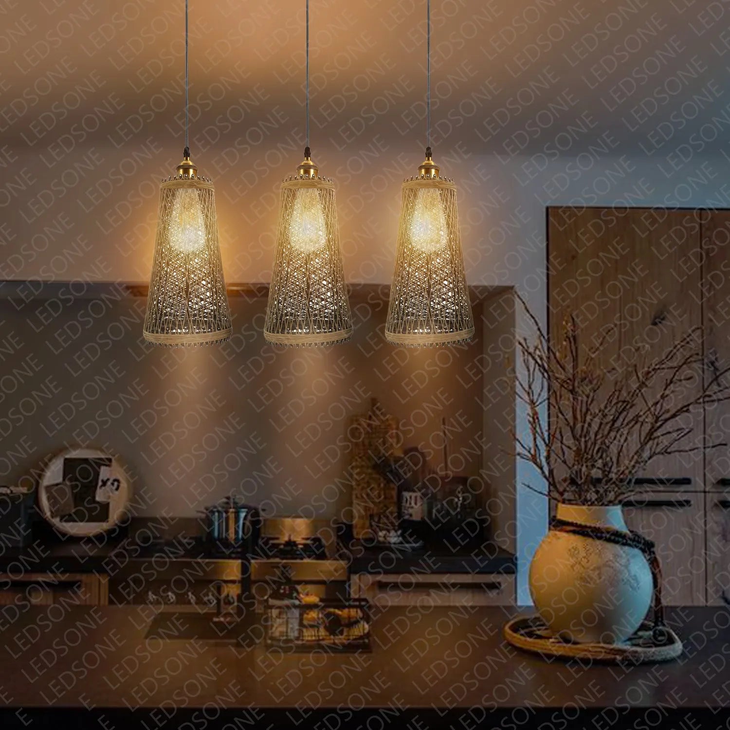 Lampe suspendue rustique en rotin forme ...