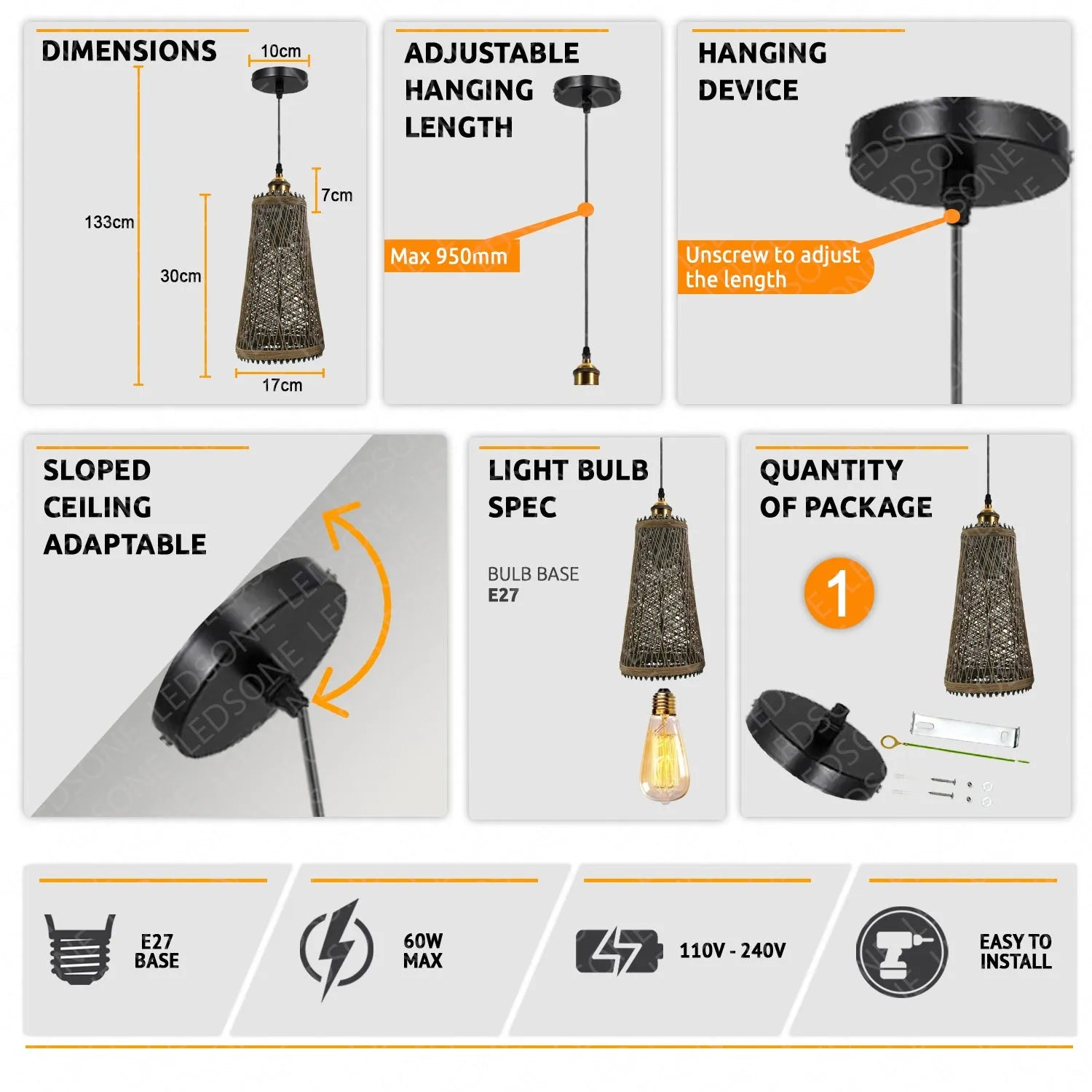 Suspension Luminaire Rotin ledsone