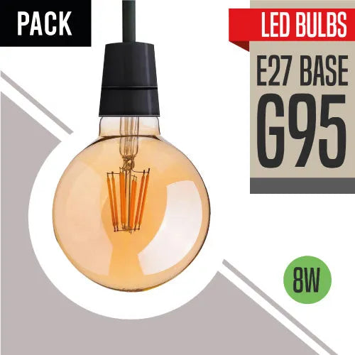 ampoule globe G95 E27 verre ambré filament LED allumée