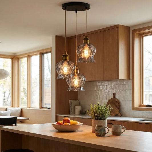 LEDSone Suspension 3 Têtes Verre Côtelé Noir – Luminaire Industriel Îlot Cuisine ~2194