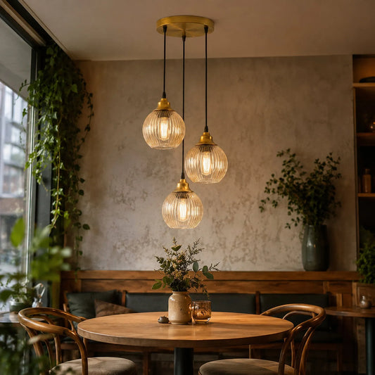 LEDSone Suspension Luminaire 3 Feux en Verre Côtelé Câbles Réglables ~2251