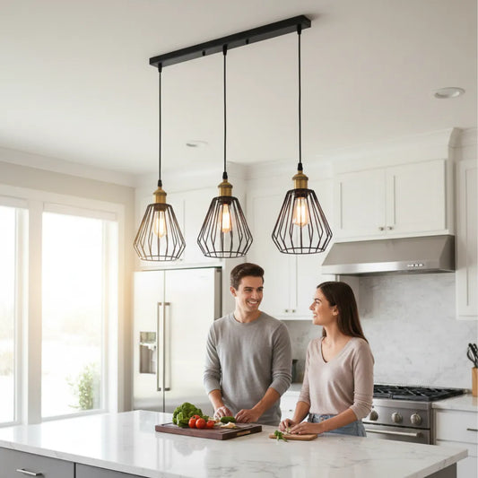 LEDSone Suspension vintage rétro à 3 voies avec abat-jours cage diamant Noir E27 ~2308