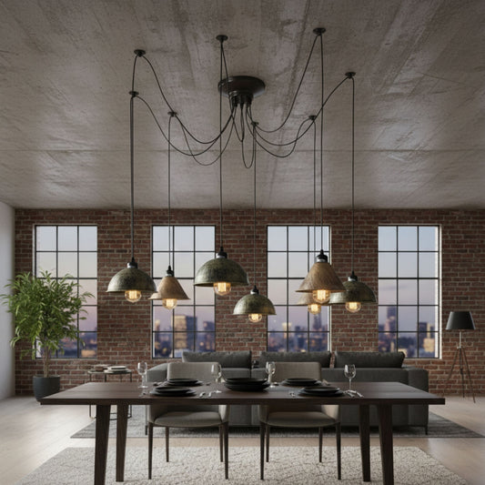 Lustre araignée 8 bras en laiton brossé installé au plafond d'un salon moderne.