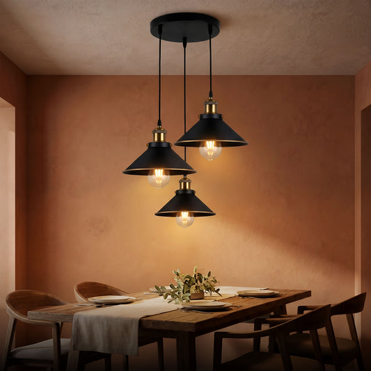 LEDSone Luminaire suspendu vintage à trois bras, avec abat-jour conique plat ~2153