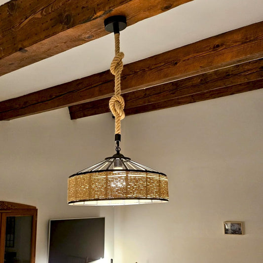 Suspension Rustique en Corde de Chanvre E27 – Lustre Vintage ~1510