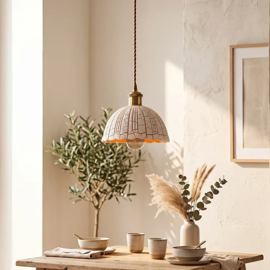 LEDSone Suspension Céramique Blanche - Lustre Festonné et Laiton ~2326
