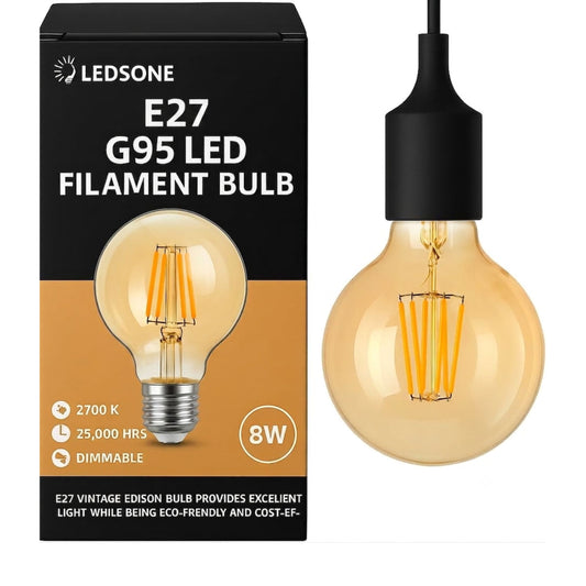 LEDSone Ampoule LED Edison G95 / G125 E27 8W Dimmable – Verre Ambré Vintage 2700K ~ 3249