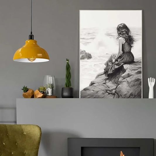 Lampe suspension industrielle jaune en metal style retro