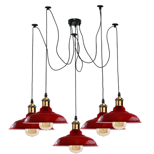 Lustre suspendu araignée à 5 ampoules E27, style industriel, hauteur réglable, avec abat-jour en métal rouge