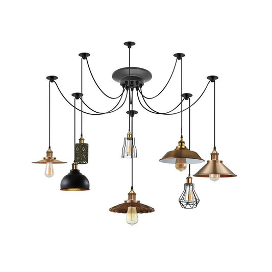 Lustre suspendu industriel en forme d'araignée, plafonnier suspendu à douille E27 vintage avec têtes d'éclairage avec abat-jour en métal, réglable 2 m, 8 bras.