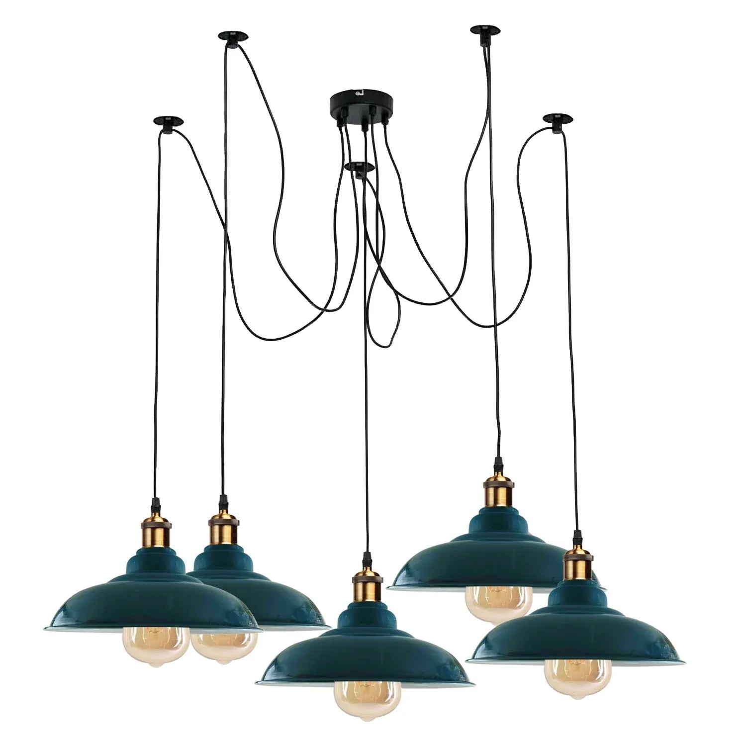 Suspension araignée 5 ampoules E27 de style industriel, hauteur réglable, abat-jour en métal bleu cyan