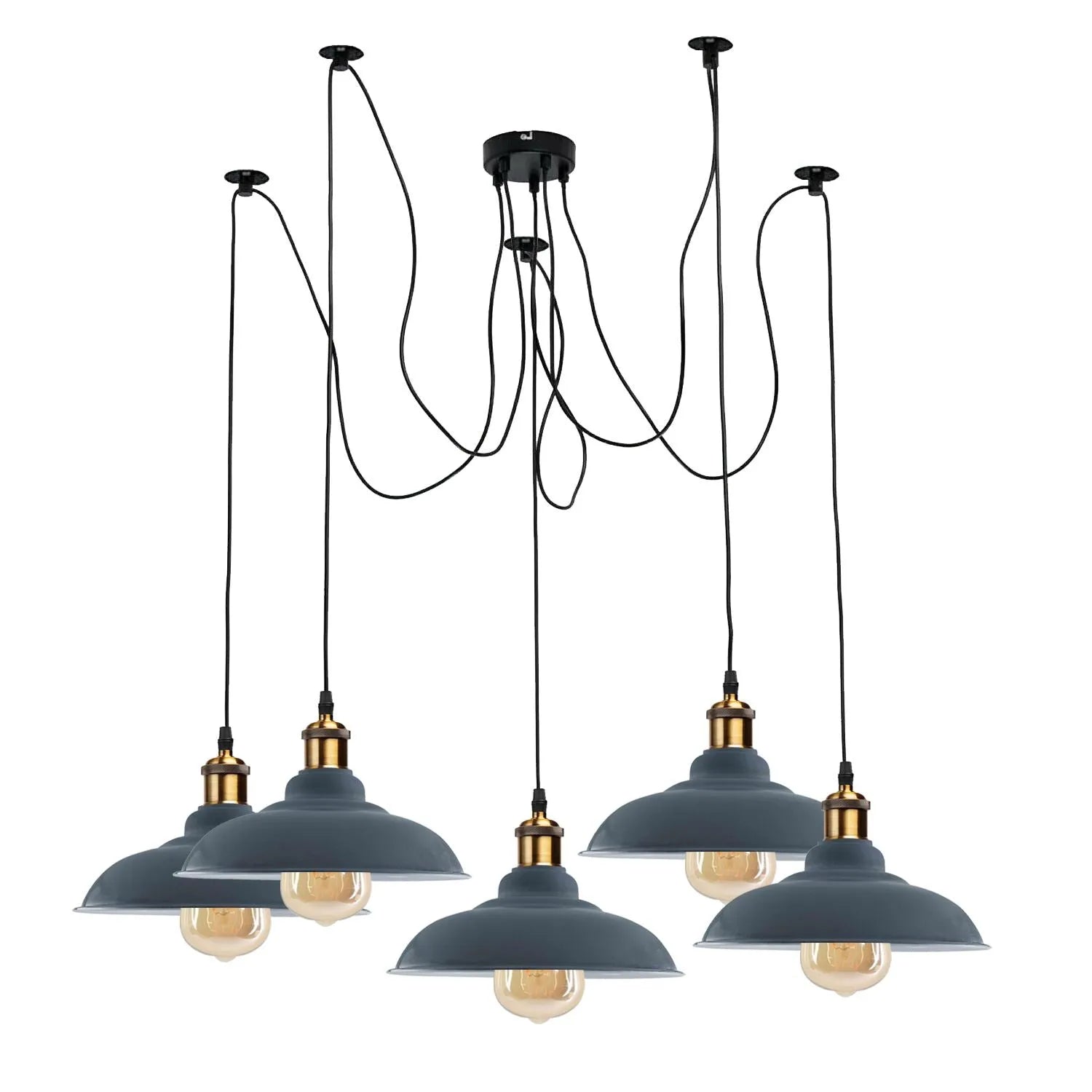 Suspension araignée 5 ampoules E27 de style industriel, hauteur réglable, avec abat-jour en métal gris