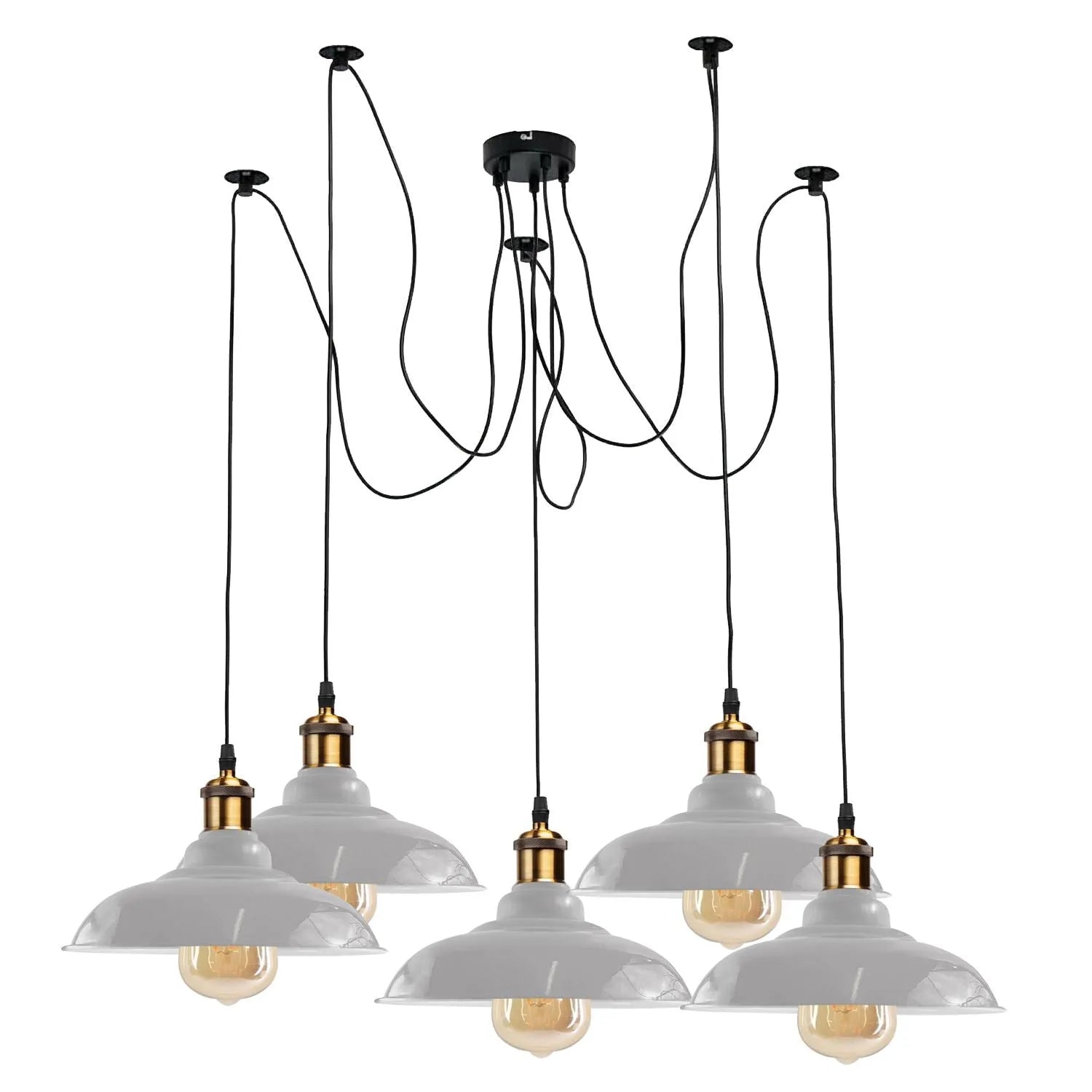 Suspension araignée 5 lumières E27 de style industriel à hauteur réglable avec abat-jour en métal blanc