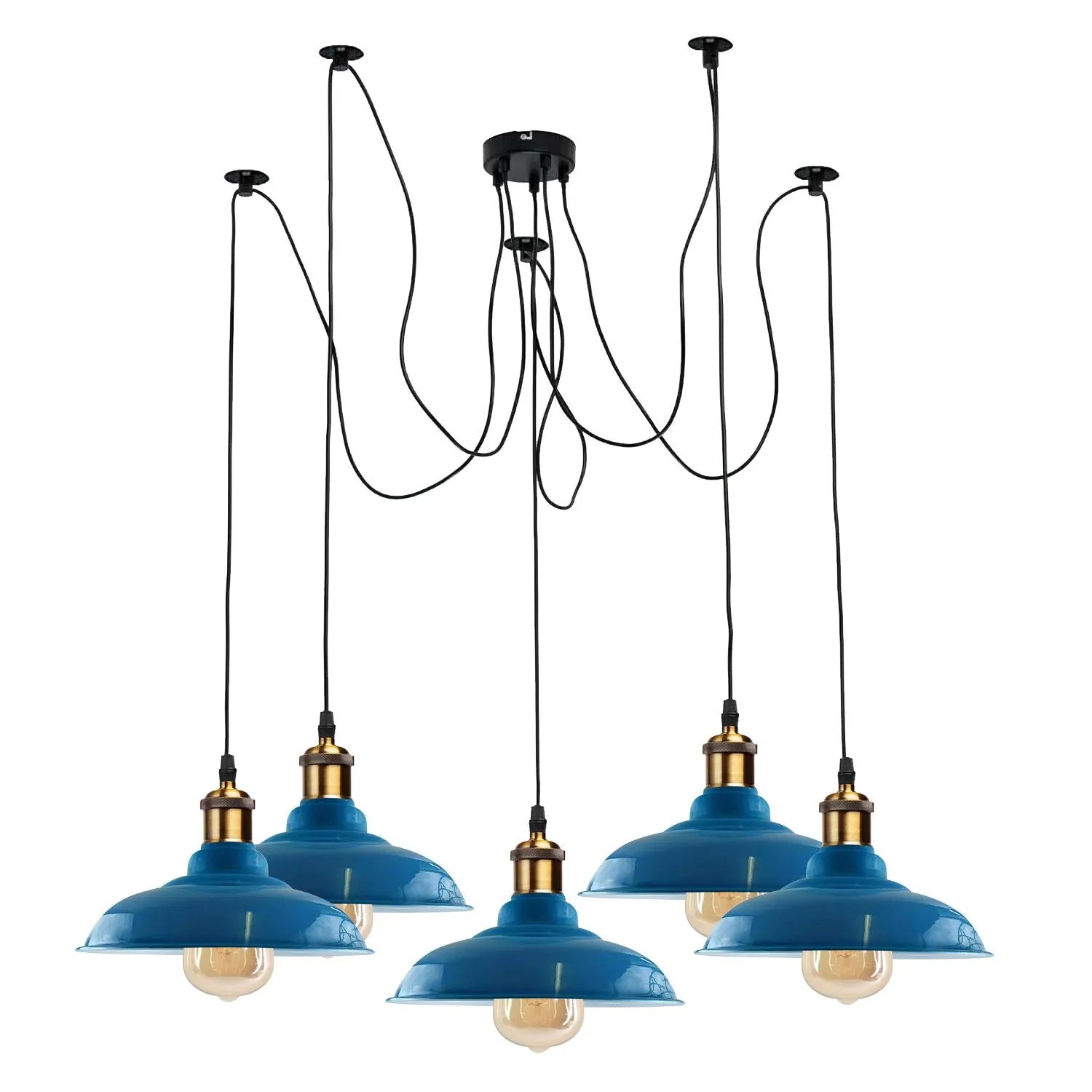 Suspension araignée 5 lumières E27 de style industriel à hauteur réglable avec abat-jour en métal bleu clair