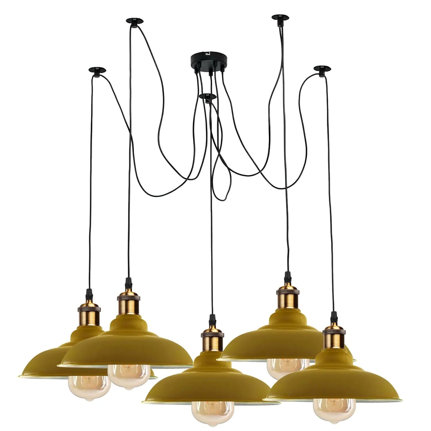 Suspension araignée 5 lumières E27 de style industriel à hauteur réglable avec abat-jour en métal jaune