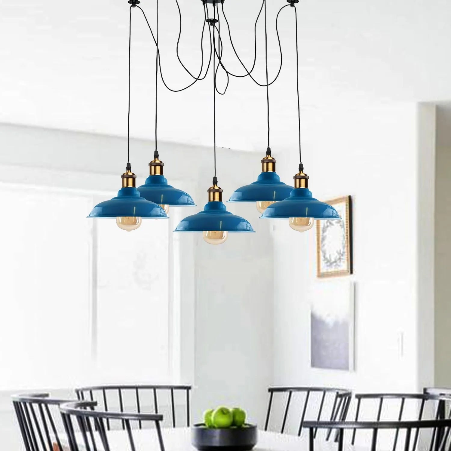 Suspension araignée industrielle 5 ampoules E27 2 m avec abat-jour métal bleu Suspendu au-dessus de la table à manger