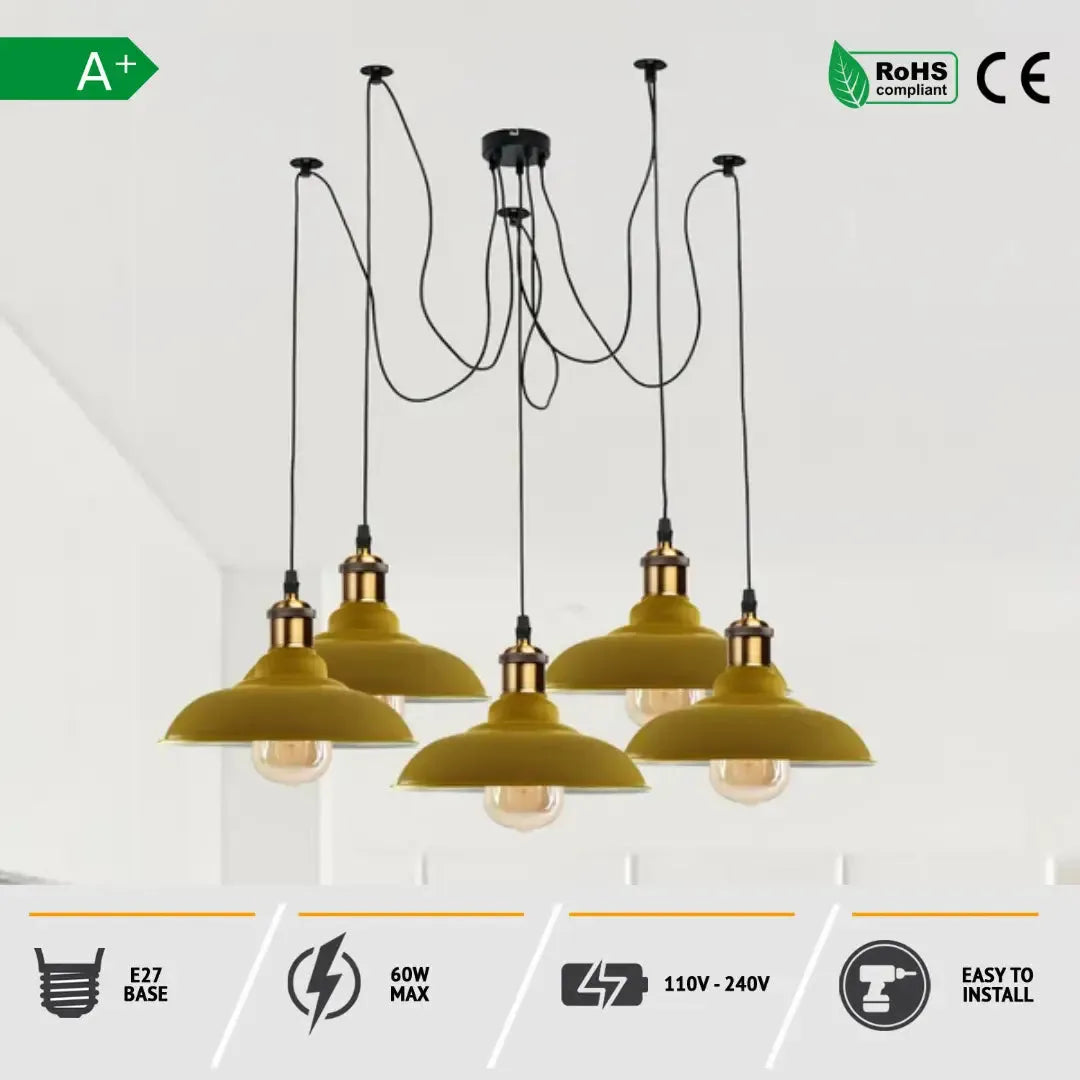 Suspension industrielle araignée 5 ampoules E27 2 m avec abat-jour en métal 6 x max 60 W Facile à installer Tension max 240