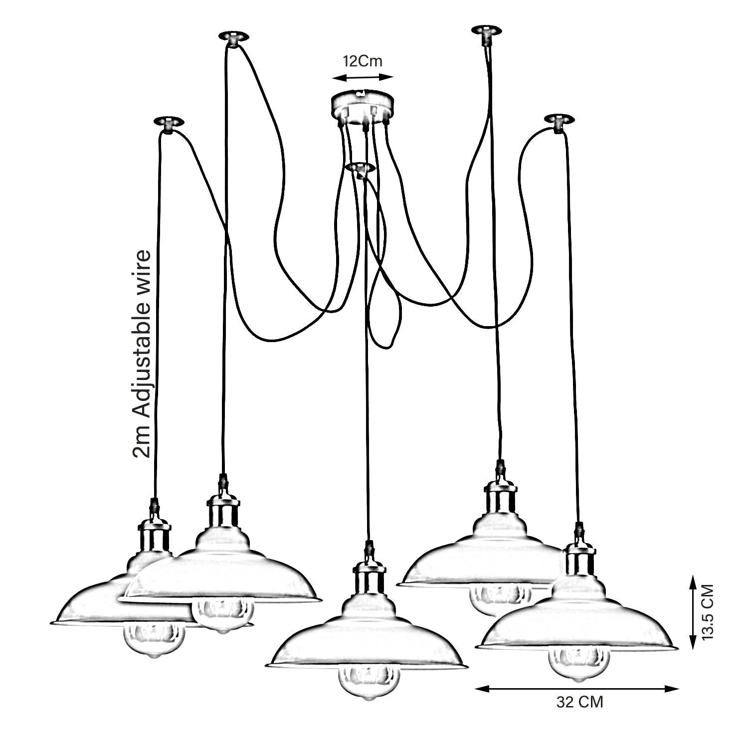 Suspension industrielle réglable à 5 ampoules E27 en forme d'araignée, 2 m, avec abat-jour en métal