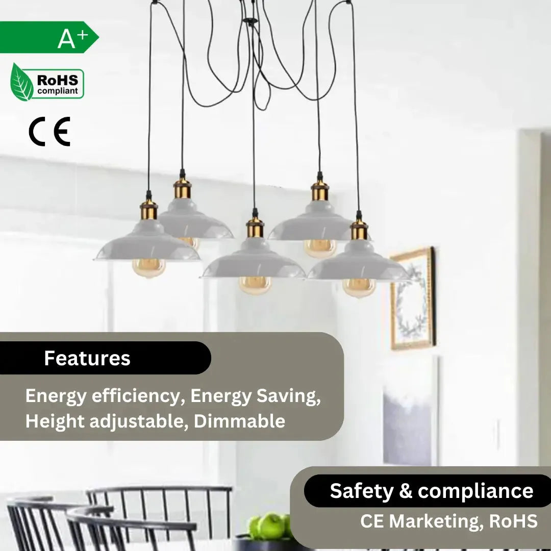 Suspension industrielle réglable Spider E27 à 5 ampoules de 2 m avec abat-jour en métal blanc, suspendue au-dessus d'une table à manger