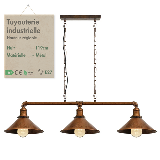 LEDSone Barre lumineuse 3 voies style rétro steampunk industriel avec abat-jour en métal ~ 1502