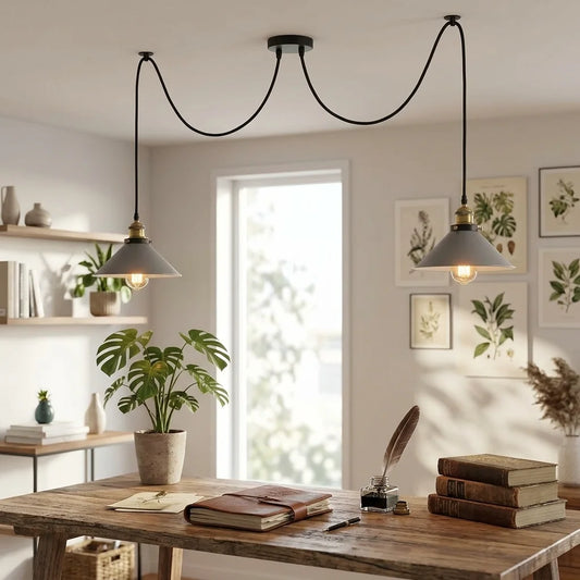 LEDSone Lampe Suspension Industrielle Double Métal Gris - 2 Têtes E27 ~2177
