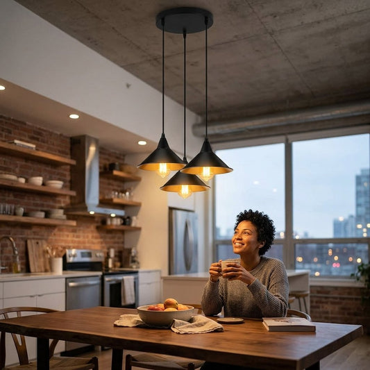 LEDSone Suspension Luminaire Industrielle Métal Noir & Or - 3 Têtes E27 ~2064