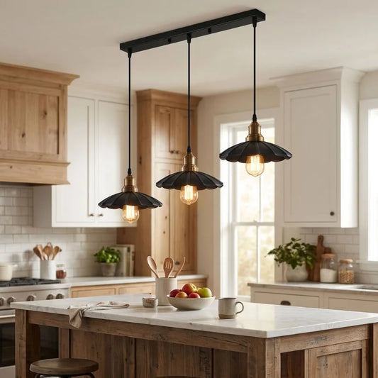 LEDSone Suspension Luminaire 3 Lampes Bar de Plafond E27 Noir et Laiton Industriel~2334