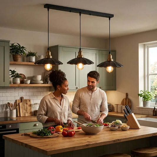 LEDSone Suspension Luminaire 3 Lampes Bar de Plafond E27 Noir et Laiton Industriel~2334