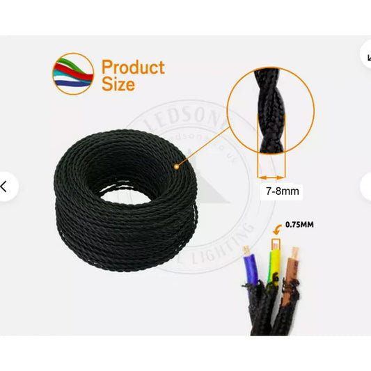 Câble Électrique Torsadé Noir Tissu 3x0,75mm² - 5m - Fil Vintage pour Lustre & Lampe Ancienne ~ 1152