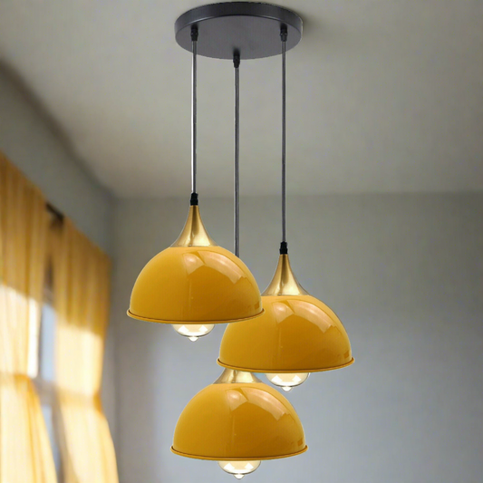 Abat-jour en métal industriel Vintage à 3 voies jaune, lampes suspendues de plafond rétro suspendues modernes ~ 3517