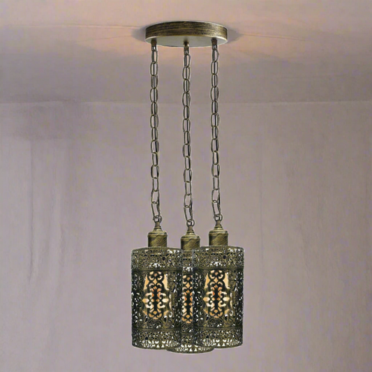 Lampe rétro industrielle vintage à 3 voies, pendentif de plafond rond, base e27, cage en laiton brossé ~ 3937
