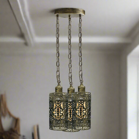 Lampe rétro industrielle vintage à 3 voies, pendentif de plafond rond, base e27, cage en laiton brossé ~ 3937