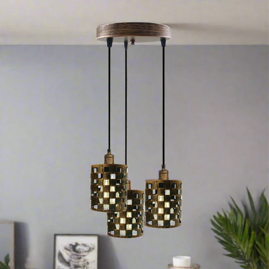 Lampe rétro industrielle vintage à 3 voies, pendentif cage en cuivre brossé, plafond rond, base e27 ~ 3940