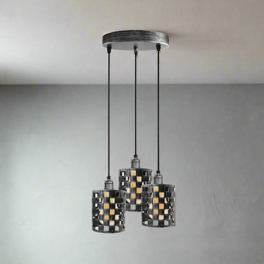 Lampe rétro industrielle vintage à 3 voies, pendentif cage en argent brossé, plafond rond, base e27 ~ 3939