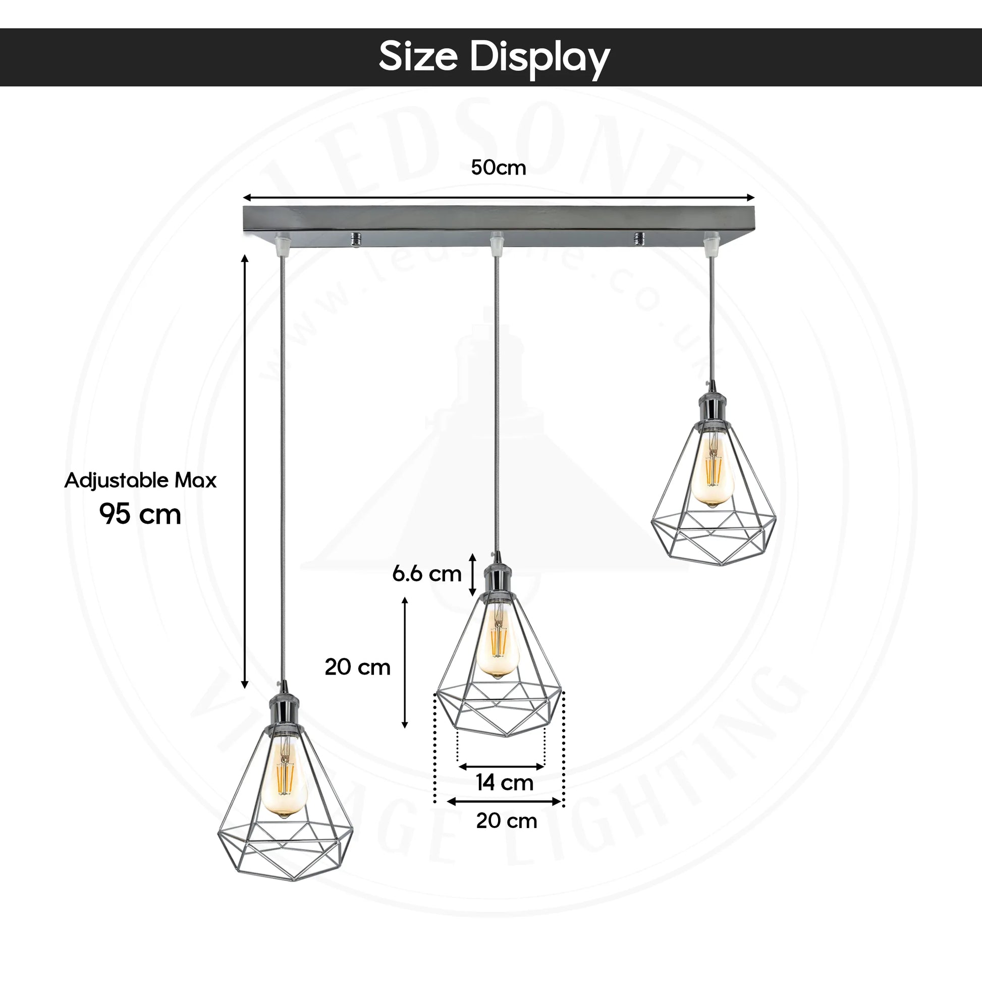 E27 3 Way Rectangle Chrome Pendant Ceiling Light Metal Diamond Cage