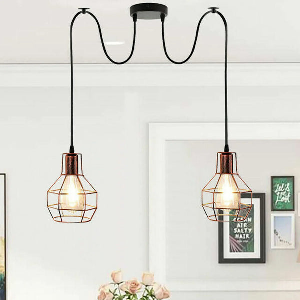 Lustre Araignée 2 Lumières | Cage Métal Industriel Vintage | Argent Noir Cuivre Rouge