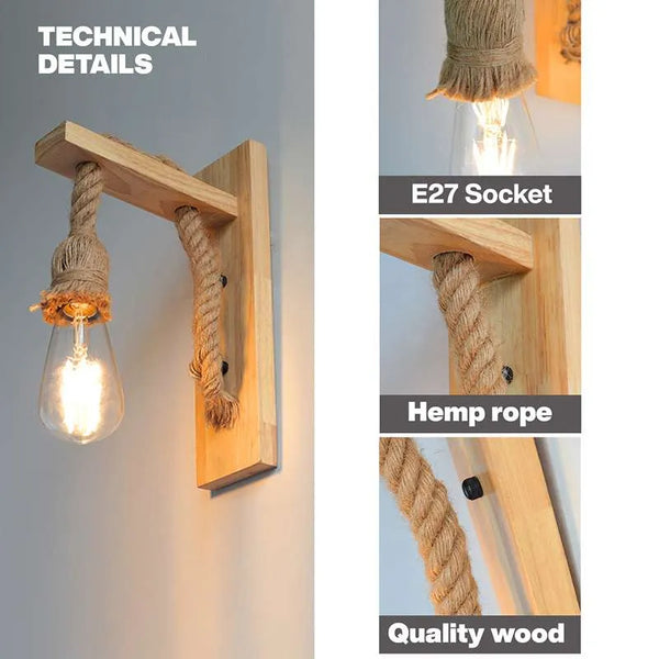 Applique murale en bois intérieure E27 vintage – design industriel avec corde en chanvre