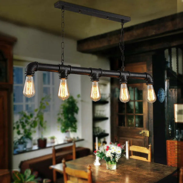 Lustre Industriel 5 Lampes Style Tuyau – Suspension Métal Vintage E27