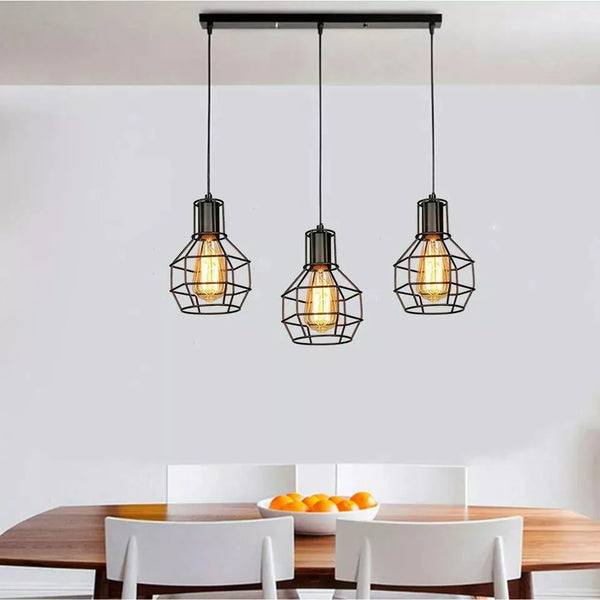 Suspension abat-jour plafonnier rétro loft 3 têtes avec ampoules