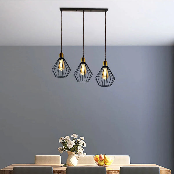 Rectangular wire cage ceiling pendant light, 3 heads, retro industrial vintage style