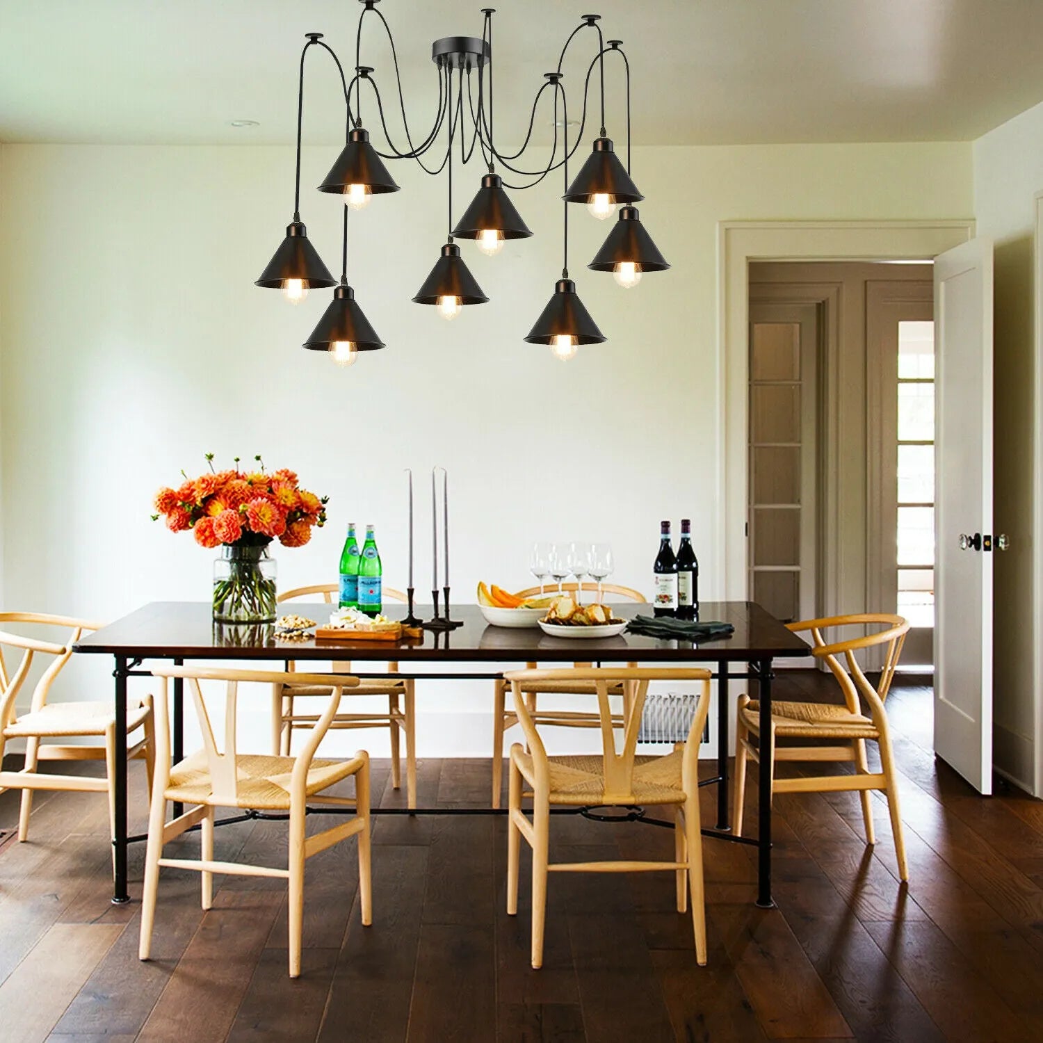 LEDsone Suspension Araignée 8 Lumières - Lustre Industriel DIY, 8 Abat-jours Métal Assortis, Câbles Réglables, E27 