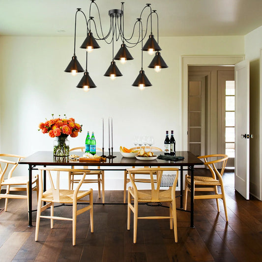 LEDsone Suspension Araignée 8 Lumières - Lustre Industriel DIY, 8 Abat-jours Métal Assortis, Câbles Réglables, E27 