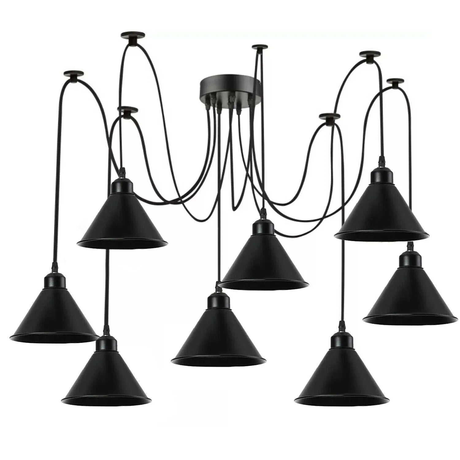 LEDsone Suspension Araignée 8 Lumières - Lustre Industriel DIY, 8 Abat-jours Métal Assortis, Câbles Réglables, E27 