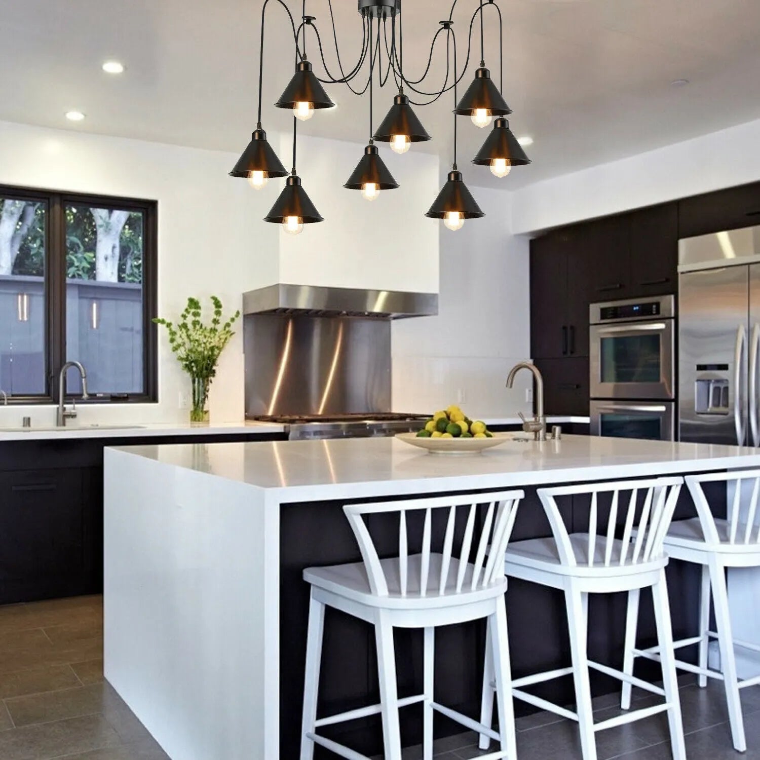 Lustre Araignée E27 Douille Rétro Suspension diy Luminaire Noir, Ajustable Longueur avec 2M Fil, 6 Bras.