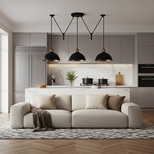 Pendentif ancien industriel 3 lumières | Abat-jour intérieur métal et or 21 cm ~1629