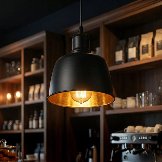 Lampe industrielle noire or suspension mono-flamme ~1955