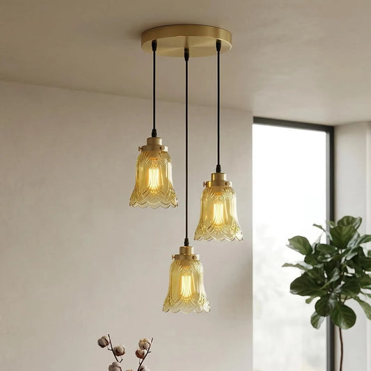 LEDSone Lustre Suspension 3 Lampes en Verre Ambré - Style Industriel Doré ~2006