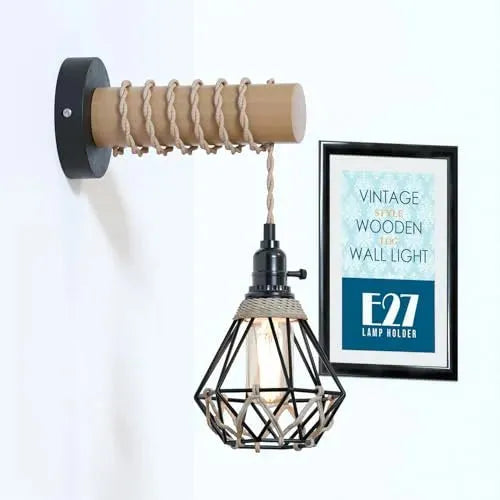 LEDSone Applique murale bois et corde de chanvre avec cage métal E27 ~2008