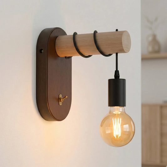 Applique murale industrielle en bois avec ampoule E27 ~ 2026